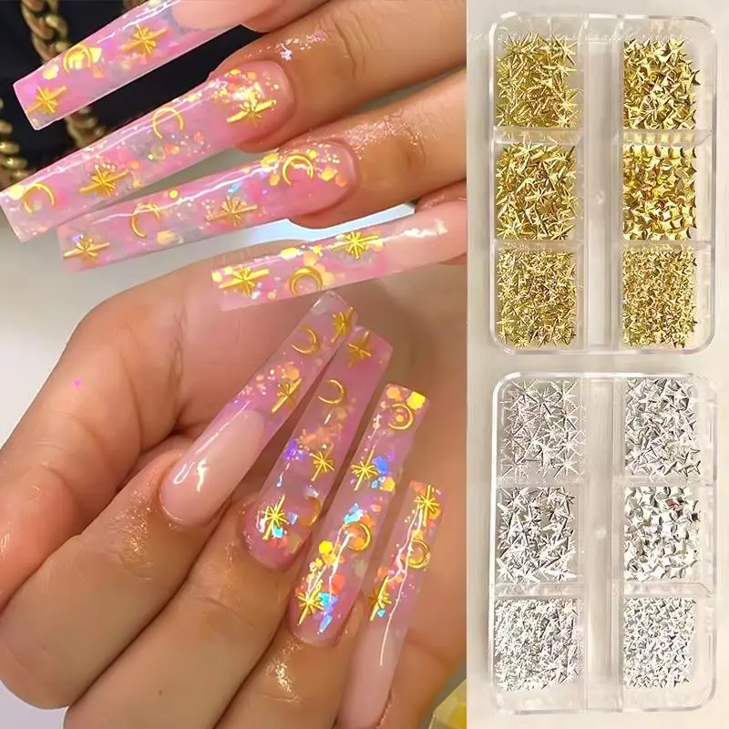 6 Grids Alloy Star Nail Art Charms Jewelry Metal Shiny 3D Gold Silver Starlight Bow Decorations Nails DIY Accessories Supplies