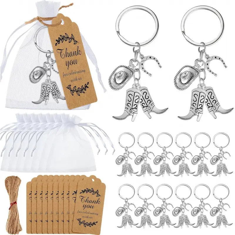 Cowboy Western Party Favors Cowboy Western Keychain Set Hat Boot Horse Shoe Keyring with Organza Bags Thank You Tags and Rope for Guests Party Favor Supplies Keychain Included Keyrings For Keys