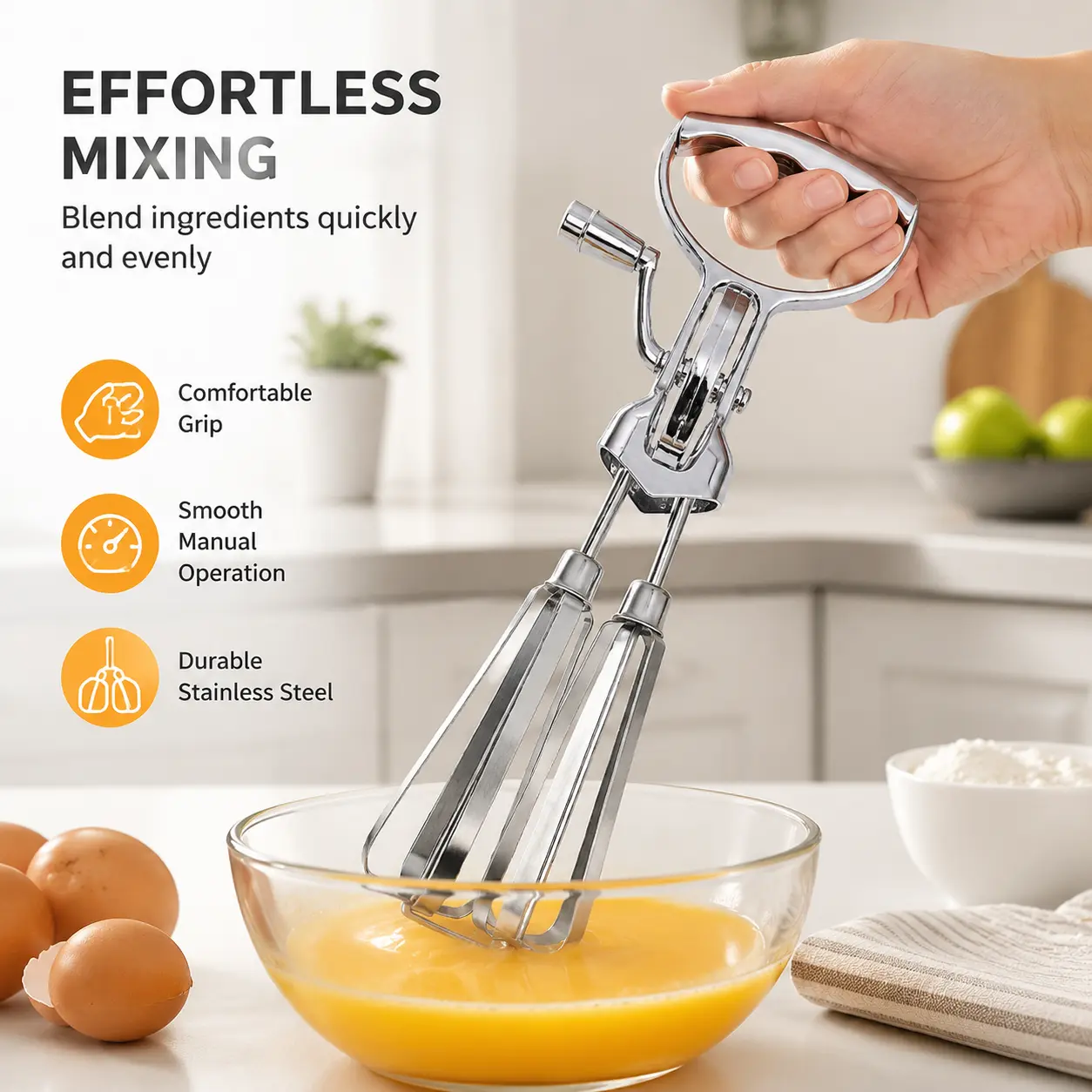 1 Count, Manual Hand Crank Egg Beater, Chrome Plated Stainless Steel Rotary Whisk Mixer for Kitchen Baking, Whisking Eggs and Cream