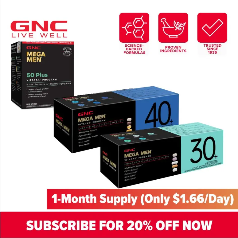 GNC Age-Based Vitapaks Program for Men - 30+/40+/50+ Daily Dietary Supplement Packs with Multivitamin, Minerals, Stress Support, Skin Health, Bone Health, Pumpkin Seeds, L-Arginine for Fitness & Wellness