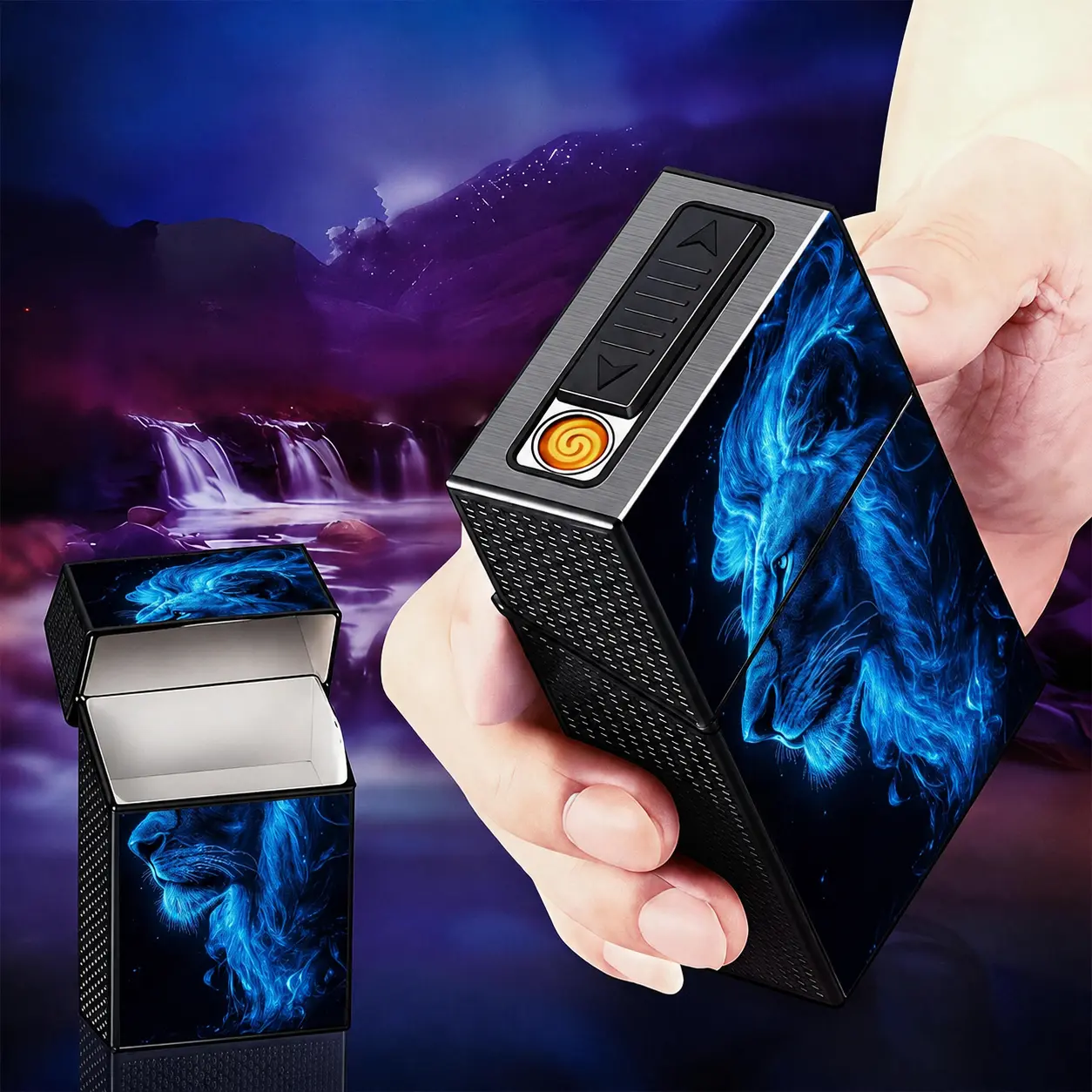 Sci-Fi Style USB-Rechargeable 20-Slot Lighter Accessory Storage Case with Built-In Electronic Ignition, Blue Lion Profile Design, Flowing Mane, Sharp Gaze, Portable Unisex Gift