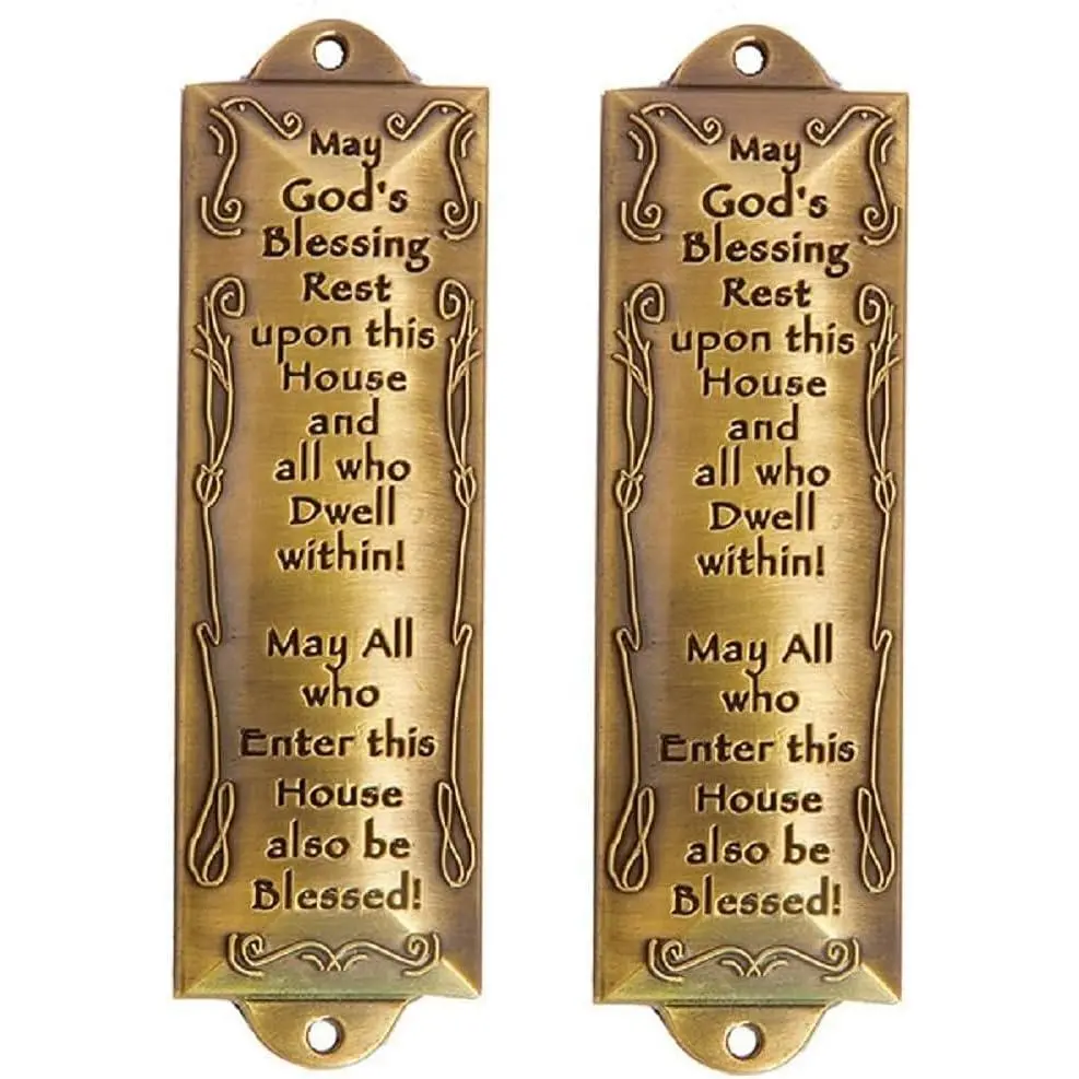 2 x Bless This House Brass Mezuzah with Hebrew  in  Box & Placement Guide