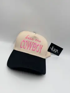 Kiss Me Cowboy Hat – Pink Embroidered Cream & Black Cap
