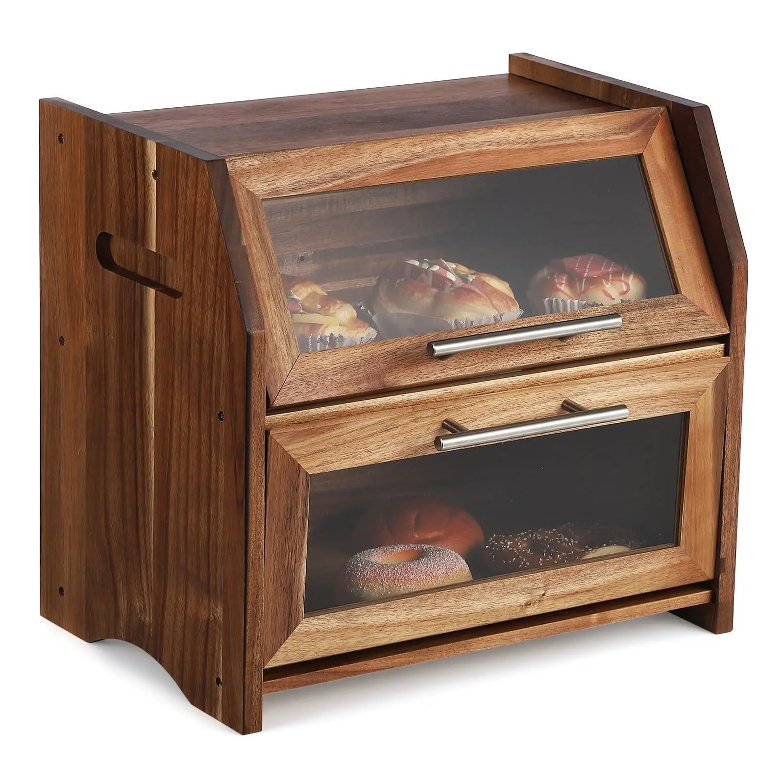 Gaomon Double Layer Acacia Wood Kitchen Bread Box - Compact, Natural Grain, Rustic Look Bin with Clear Acrylic Door, Air Vents, Metal Accents, Cooling Functionality, Countertop Storage for Homemade Bread, Bagels (Brown & Silver)