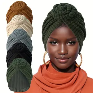 Embossed Twist Knot Turban Hats Vintage Solid Color Head Wraps Classic Beanies Ramadan Headscarf Chemo Cap For Women