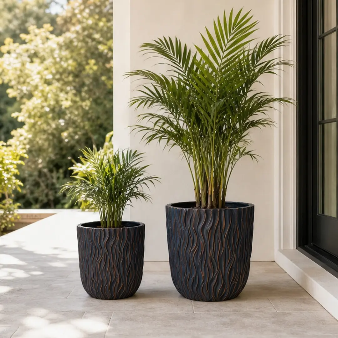 ARCH 2-Pieces Large Flower Pots Set (15.75in & 12.2in Diameter) - Lightweight Magnesium Oxide Indoor-Outdoor Planters with Drainage Holes for Root Health, Textured Concrete Look, Copper/Grey-Blue Options for Outdoor Patio Decor, Living Rooms, Plant Pots