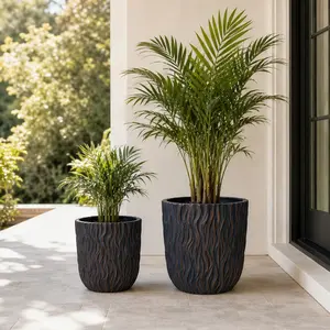 ARCH Large Round Planters Set of 2 (15.75in & 12.2in Diameter) - Lightweight Magnesium Oxide Indoor-Outdoor Flower Pots with Drainage Holes, Textured Concrete Look, Copper/Grey-Blue Options for Garden Patio Decor