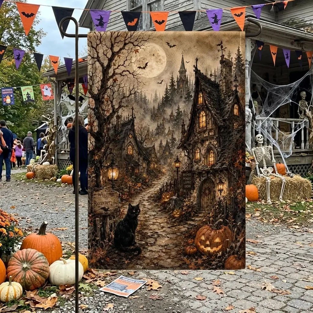 Vintage Witch Village Garden Flag | Spooky Black Cat & Pumpkin Halloween Yard Decor, Gothic Haunted Town Garden Flag