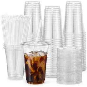 [100 Sets - 16oz] Plastic Cups with Lids and Straws, Disposable Cups for Iced Coffee, Smoothie, Milkshake, Cold Drinks - Clear