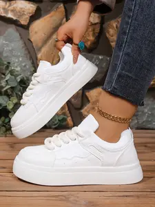 Women's Trendy Spring 2026 Korean Style Breathable Fashion Casual Sports Shoes, Low Top Round Toe Patchwork Platform Lace Up Sneakers