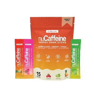 nuCaffeine Energy Drink Sticks - 15 Servings - 3 Flavors: Fruit Punch, Citrus Lime & Raspberry - No Added Sugars or Preservatives - Premium Electrolytes - Natural Caffeine & Magnesium BHB for Lasting Kick - US Product