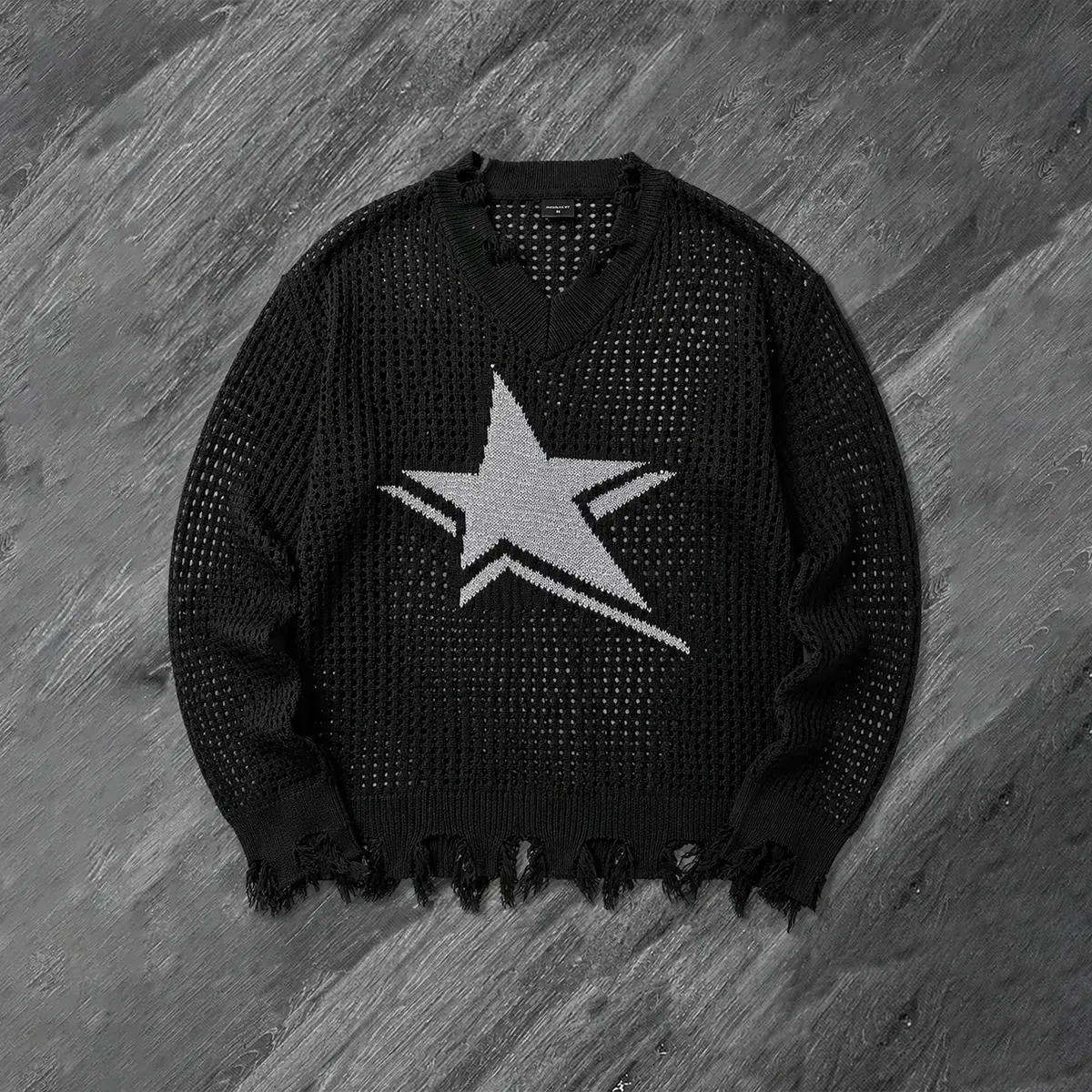 Men's Star Graphic Knit Sweater Distressed Pullover Vintage Streetwear Long Sleeve Casual Oversized Sweater Y2K Fashion Tops