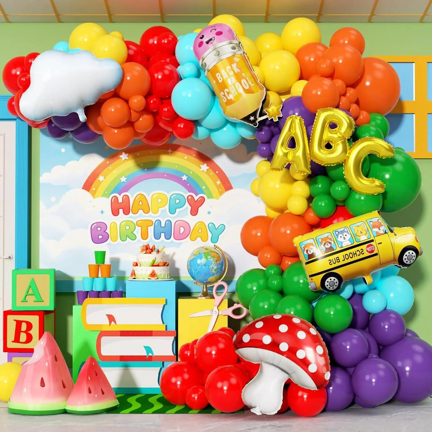 Rainbow Balloon Arch Garland Kit 173Pcs, Back To School Balloon With School Bus Pencil Abc Mushroom Cloud Foil Balloons For Watermelon Birthday Back To School Kindergarten Graduation Decor