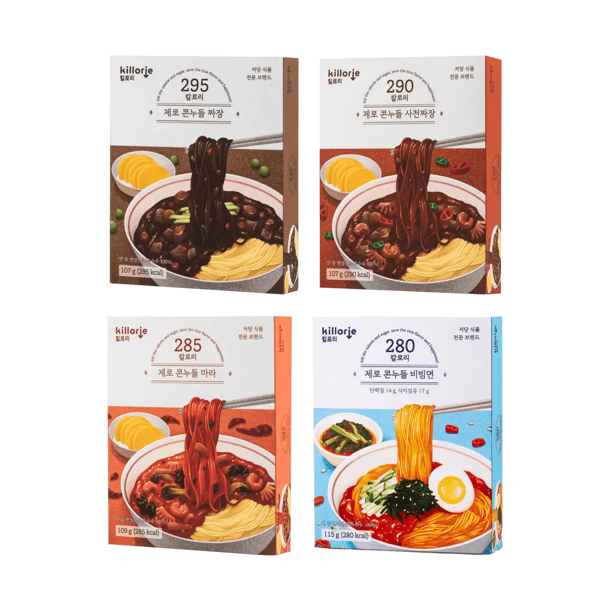 KILLORIE Korean Jjajangmyeon Noodles 4 Flavors Variety Pack (4x 436g) - Authentic Korean Black Bean Sauce Noodles, Spicy Sichuan Zha Jiang Mian, Refreshing Spicy Bibim Guksu, Classic Korean Mixed Noodles