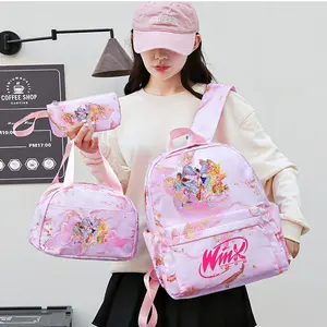 Winx Club Print Three-Piece Set, Backpack Lunch Bag Pencil Case, Adjustable Straps, Nylon Material, Zipper Closure, Large Capacity