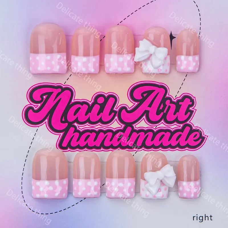 Delicatething Y2K Style Duckbill Nails, Handmade Wearable Nails, 4 Sizes XS S M L, Bow, Spots, French Design, French Tip, Perfect Gift