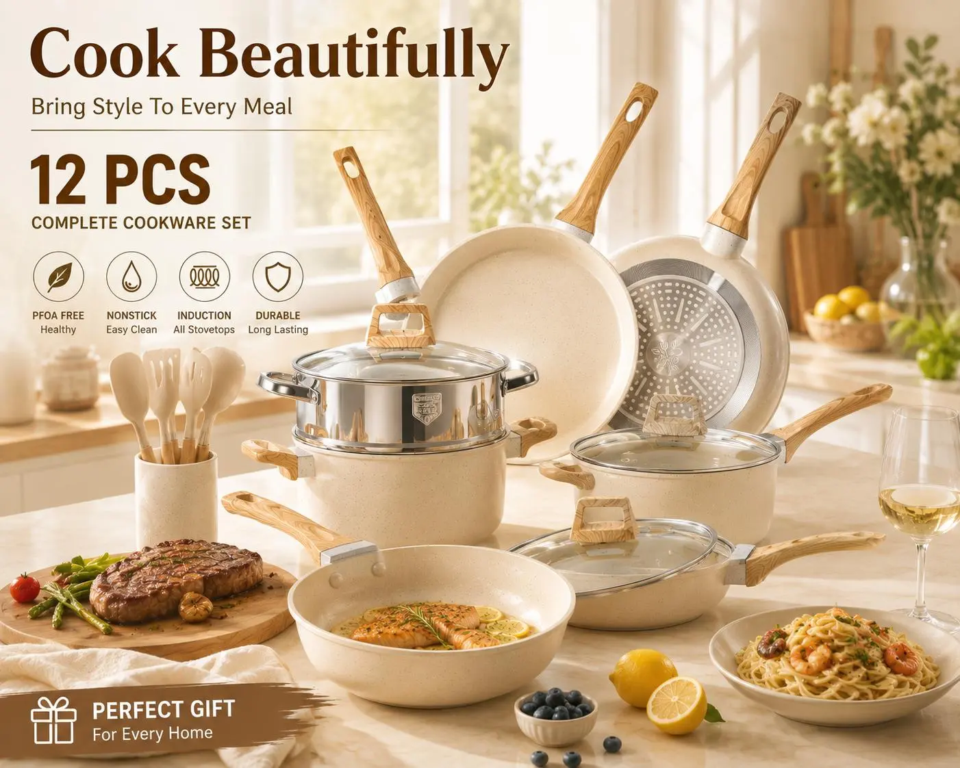Tuseasy 12-Piece Pots and Pans Set - Durable Nonstick Aluminium Cookware for Home Cooks, with Frying Pans, Saucepans, Glass Lids, Bakelite Handles, Easy Clean, Stainless Steel Accents, Non-Toxic Healthy Build, Durable Nonstick Cookware Sets