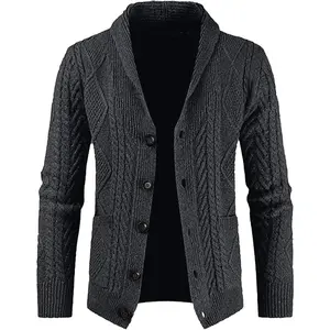 Men's Casual Wool Blend Cardigan Sweaters Long Sleeve Shawl Collar Buttons Down Cable Knit Sweater