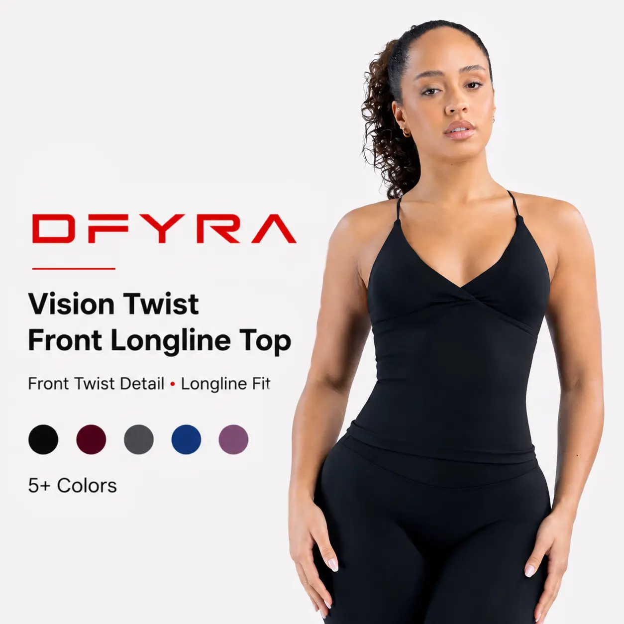 (With Logo) DF Vision Sporty Universal Fitted Plain Twist Front Longline Sports Top with Removable Pads - 4.5-in Athletic Shorts Women Compatible, Ideal for Studio Training, Stretching