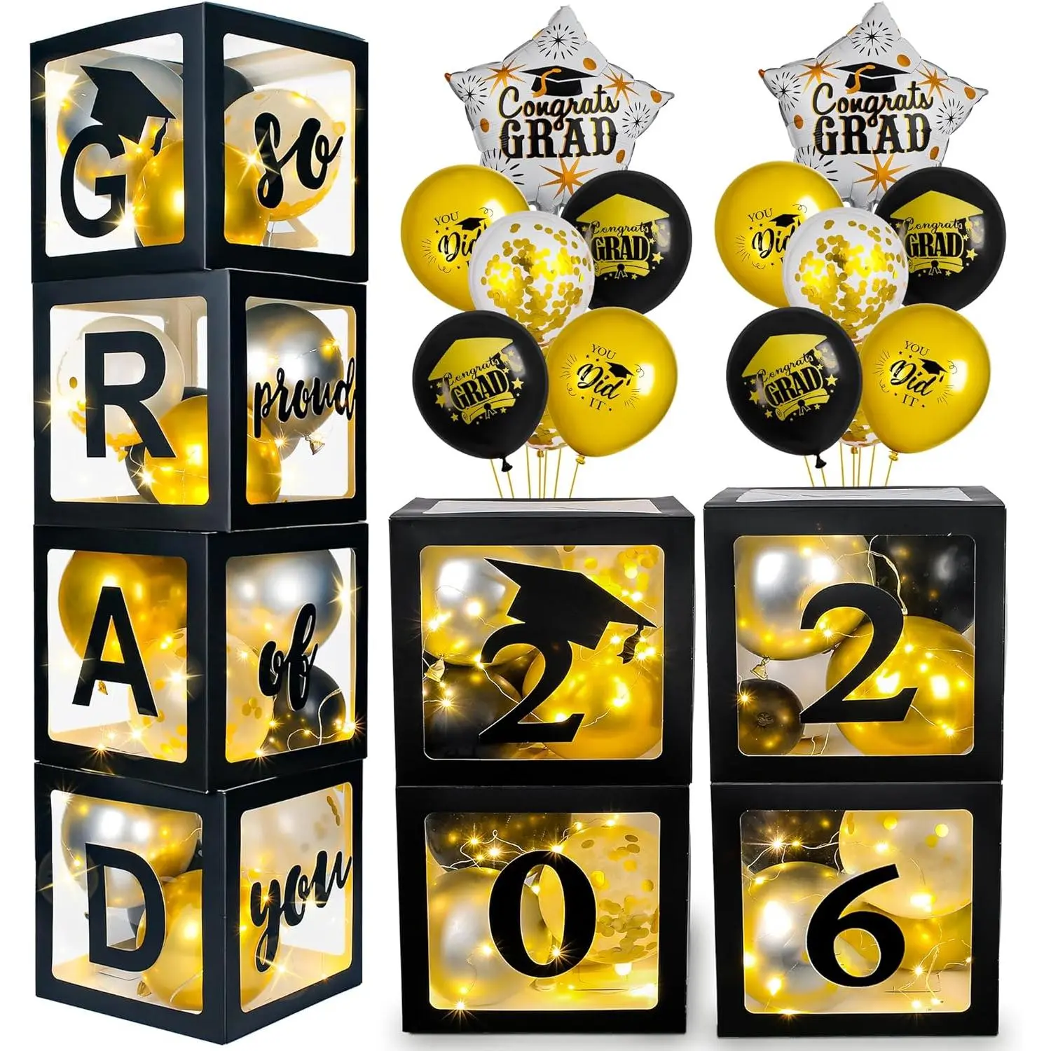 Graduation Decorations 2026-Graduation Party Decorations,Graduation Balloons Boxes(4PCS) with LED Light Strings & Letters 2026 GRAD So Proud of You,Party Favors For Any Grades Class.