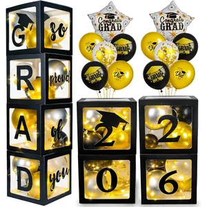 Graduation Decorations 2026-Graduation Party Decorations,Graduation Balloons Boxes(4PCS) with LED Light Strings & Letters 2026 GRAD So Proud of You,Party Favors For Any Grades Class.