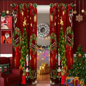 2 pcs Christmas curtain - Christmas tree and wreath, bell printed polyester fiber C-shaped opening ring curtain, suitable for living room, bedroom, home and office, festival decoration, New Year party winter decoration, soft & thickened Window Curtain