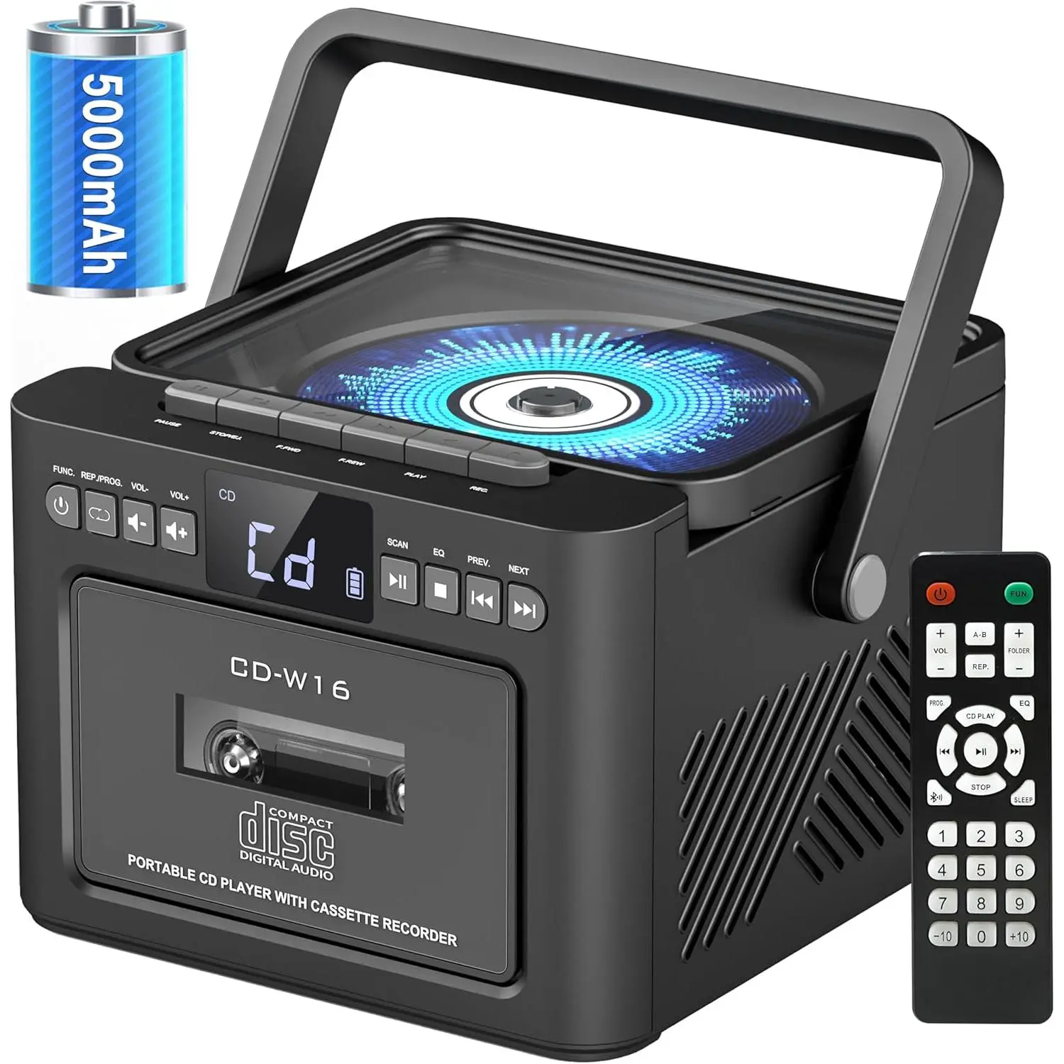 Portable LED Boombox Cassette CD Player with Bluetooth5.1, 5000mAh Rechargeable Battery, 5W Dual Stereo Speakers, FM Radio, Remote Control, Tape Recording, 3.5mm Earphone Jack, Auxiliary Input, SD/USB Compatibility