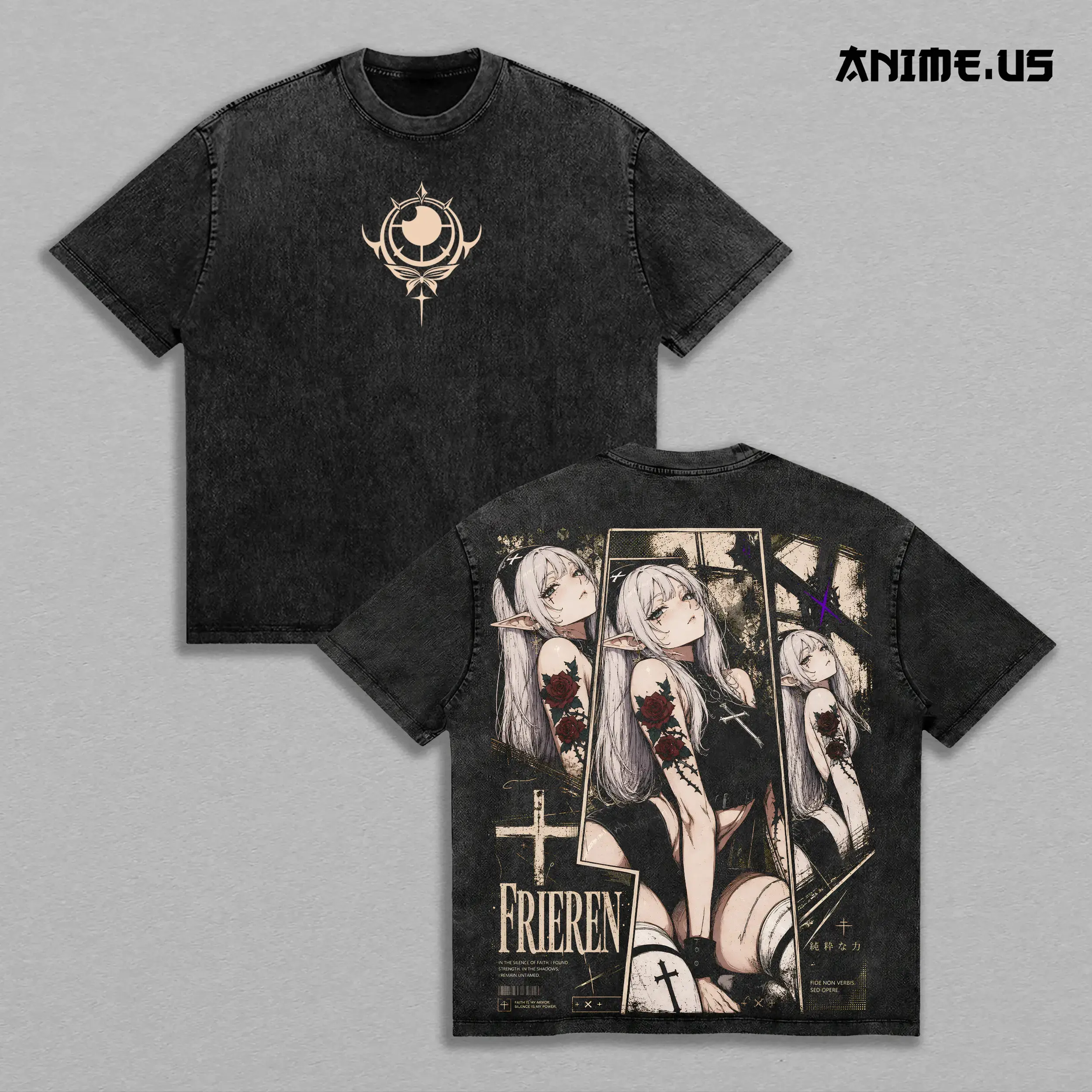 Frieren Beyond Journey's End Thorned Rose Elf Mage Vintage Washed T-Shirt | Gothic Anime Graphic Tee, Heavyweight Cotton Y2K Streetwear Top, Oversized Gym Pump Cover, Fantasy Fan Gift