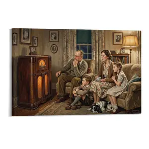 2D Frameless Canvas Print, Vintage Family Radio Scene (Norman Rockwell Style), High - Def Printed, Retro Home Wall Art for Living Room, Bedroom Decor