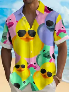 Men's Hawaiian Duck Print Button Short Sleeve Casual Shirt, Loose-Fitting Long Shirt for Spring & Fall, All over Print Design