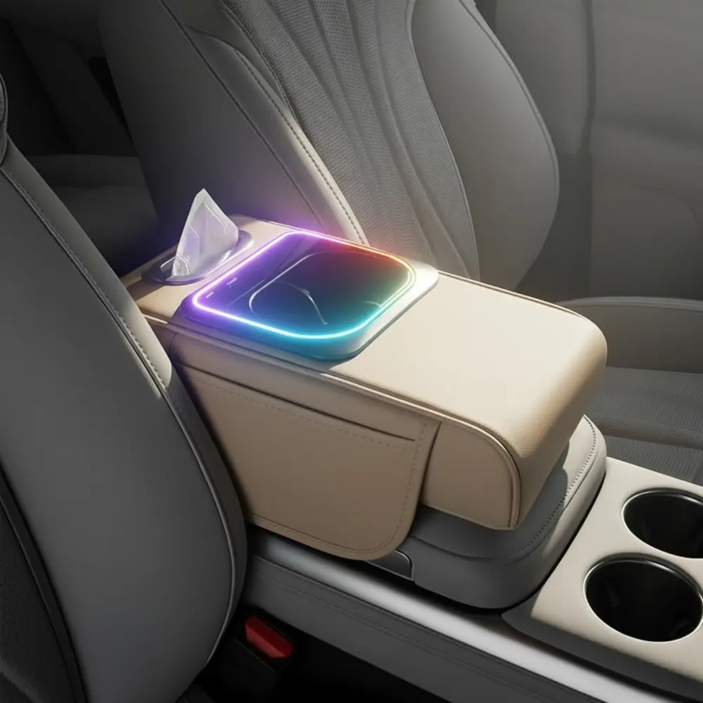 Multifunctional Car Handrest Cushion with Fast Charging, Car Organization Accessories, Center Console & Car Storage Organizer, with Type C & Type A Dual Ports, Music Sync RGB LED Light Strip, Leather Cover, Easy Install, Car Armrest Box