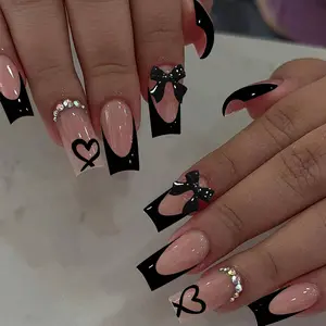 24pcs Medium Long Square Wearable Nail Tips French Colorful 3D Elegant Rhinestone Decorated Bow False Nails Half Handmade with Jelly Glue Nails Art, Press On Nails, Glittering Fake Nails