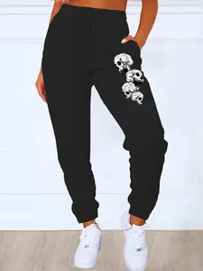 Women's Skull Print Drawstring Waist Jogger Pants, Casual Comfy Pocket Sweatpants for Daily Wear, Ladies Bottoms for All Seasons