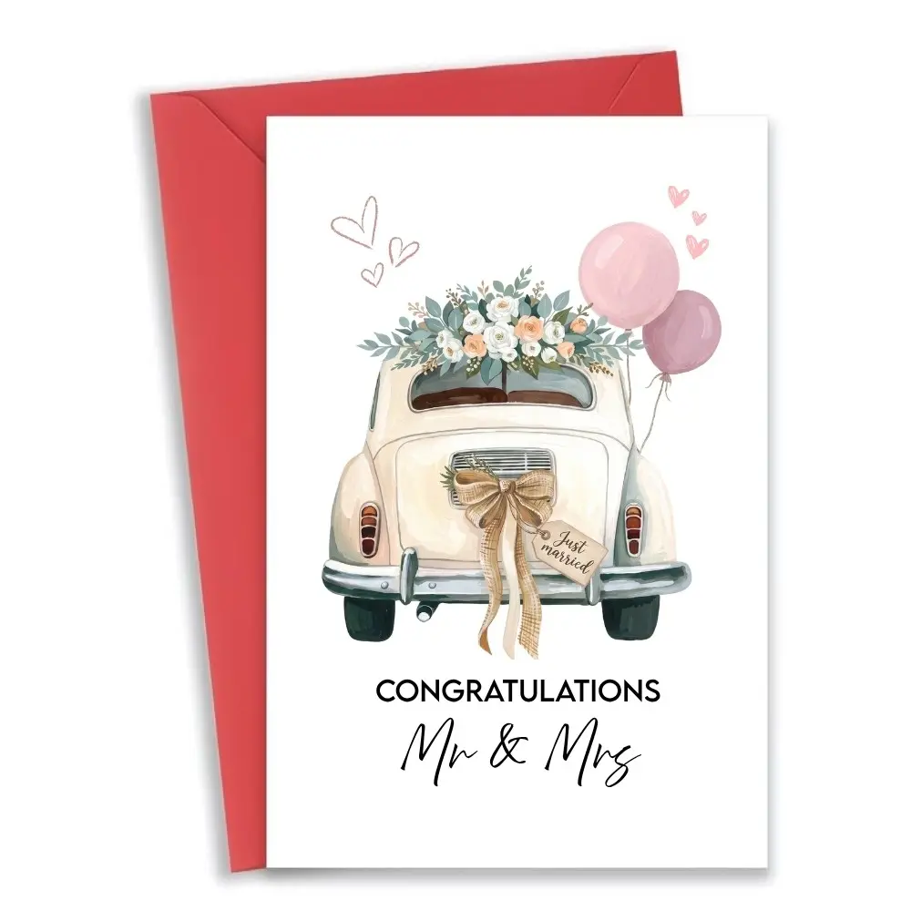 💍 Elegant Wedding Congratulations Card for Mr & Mrs, Premium Just Married Greeting Card with Red Envelope, Perfect Keepsake for Newlyweds, Romantic Floral Vintage Car Design, Thoughtful Bridal Shower & Marriage Gift 🌸