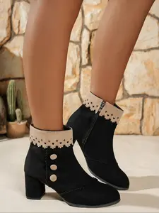 Women's Round Toe Side Zipper Ankle Boots, Ruffle Decor, Large Size, Fall Winter Fashion, Mid-Calf Block Heel Booties