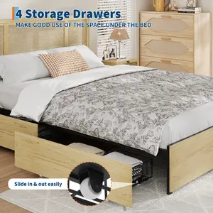 Modern Boho Rattan Bed Frame Stylish Bedroom Furniture  Headboard – Sturdy Metal Platform, Wooden Slats, Storage Drawers, No Box Spring Needed – Stylish Bedroom Furniture