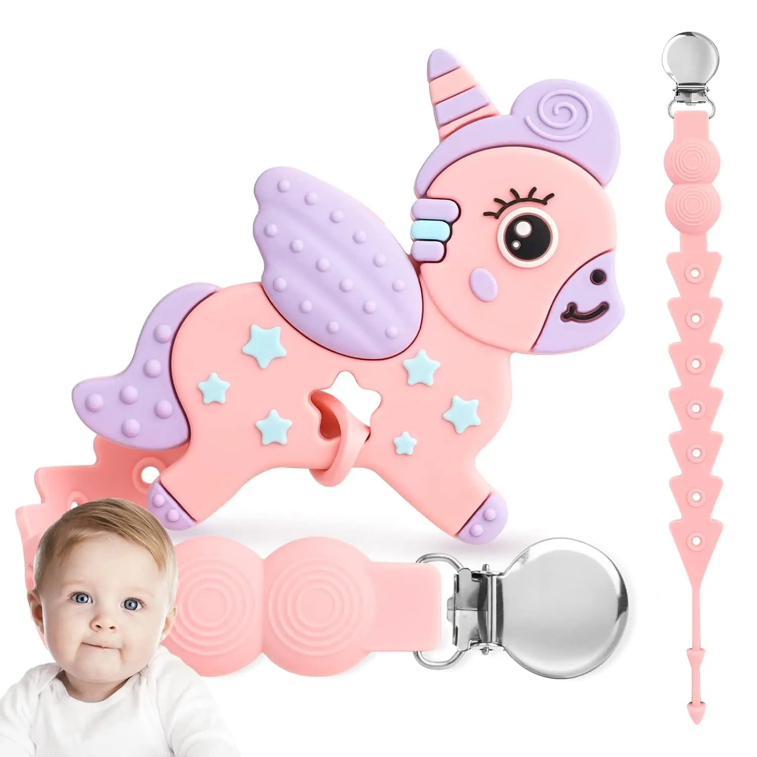 Unicorn Baby Teether with Pacifier Clip, Soft Silicone Pink Teething Toys for Infants 3-12 Months, BPA Free Baby Chew Toys for Girls and Boys, Safe Soothing Teether Gift for Babies, Helps Relieve Teething Discomfort and Protects Sensitive Gums