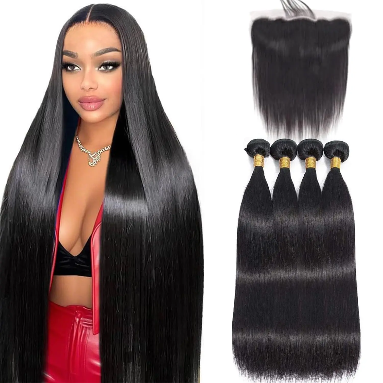 12A Straight Bundles with Frontal 18 20 22 24 16 Inch Human Hair Weave 100% Unprocessed Brazilian Virgin Hair 4 Bundles with 13x4 HD Lace Closure