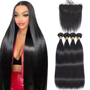 12A Straight Bundles with Frontal 18 20 22 24 16 Inch Human Hair Weave 100% Unprocessed Brazilian Virgin Hair 4 Bundles with 13x4 HD Lace Closure