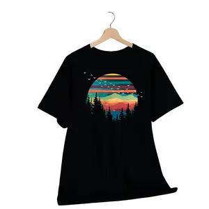 Nature-Inspired Graphic Tee Featuring Sunset Mountains and Forest Birds