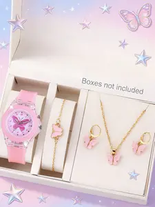 Cute Silicone Butterfly Glowing Quartz Child Watch Set, Butterfly Bracelet Necklace Earrings Jewelry, Best Birthday Gift for Kids
