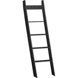 Blanket Ladder for Living Room and Bedroom, 5-Tier Wall Leaning Towel Rack for Bathroom, Decorative Ladder Shelf with 4 Removable Hooks, Farmhouse Blanket Storage, Black BB51CJ01G1