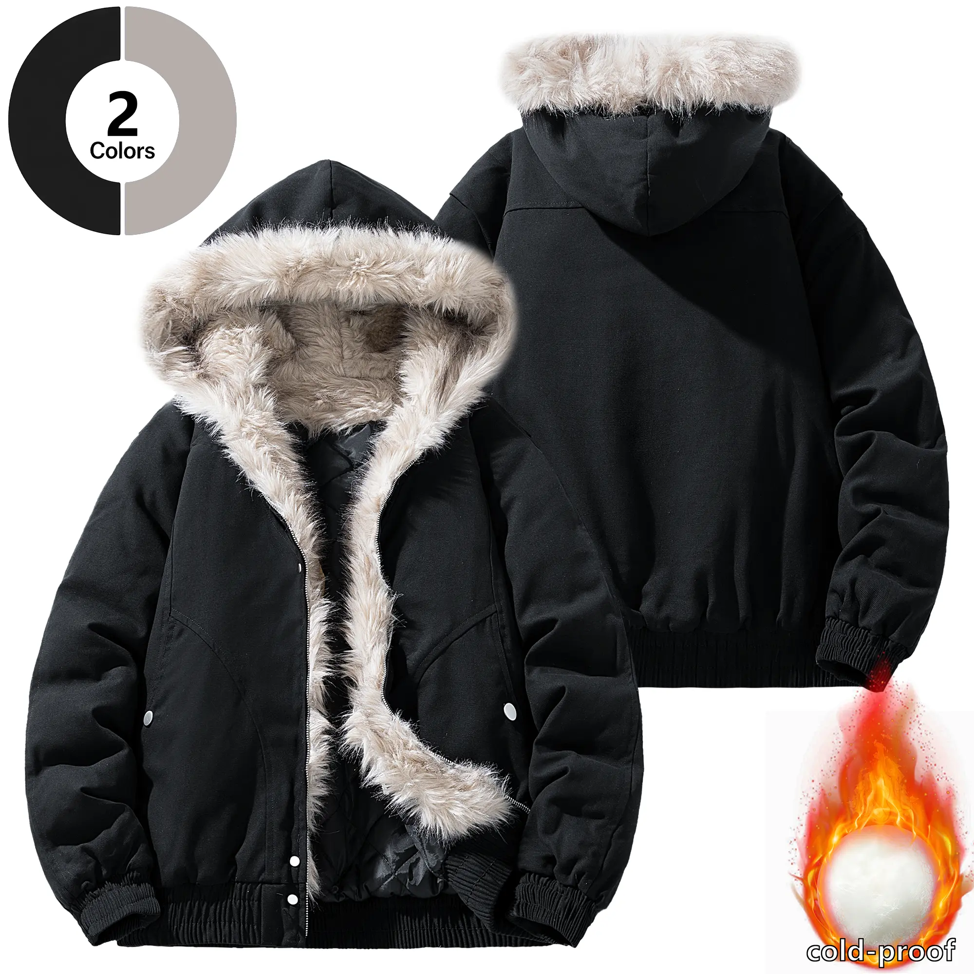 Men's Winter Polyester Fabric Puffer Jacket - Faux Fur Trim Hooded, Warmth Boost, Windproof, Thick Insulated, Casual Outdoor Snow Parka with Zipper Front, Fashion Streetwear Outerwear