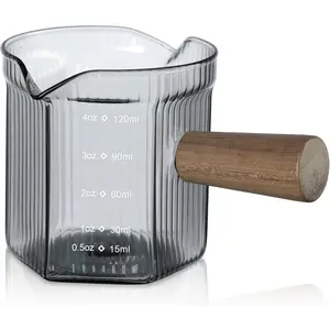 4oz Gray Double Spout Measuring Triple Water Jug Milk Cup with Wooden Handle, Ripple High Borosilicate Glass Measuring Cup, Espresso Shot Glass