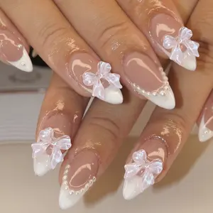 24pcs Long Almond Shape French Butterfly Knot Pearl Accents Acrylic Press-On Nails Set, Includes Jelly Glue and Nail File