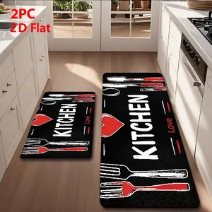2pcs/3pcs Flannel Kitchen Floor Mat Set, Base with 'kitchen' Text, Retro Industrial Style, Non-Slip, Absorbent, Kitchen Rug Runner