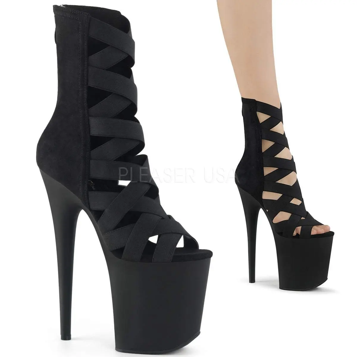 Platform High Heel Sandals for Women, Black Cage Style Bootie with an 8" Heel, 4" Platform, Criss Cross Elastic Straps & Back Zip, High Heels