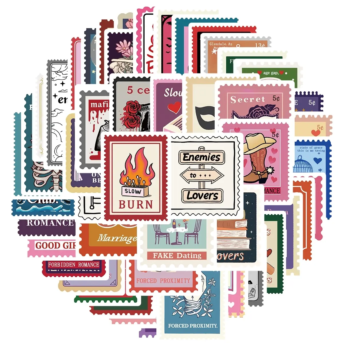 Book Trope Stamp Sticker, 50pcs/set Bookish Sticker for Kindle, Booktok Sticker Pack, Bookworm Sticker, Romance Reader Gifts, Sticker Sheets