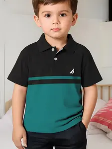 Boys' Striped Polo Shirt, Casual All-Season Short Sleeve, Slim Fit with Collar, Daily Wear, Simple Sailboat Label