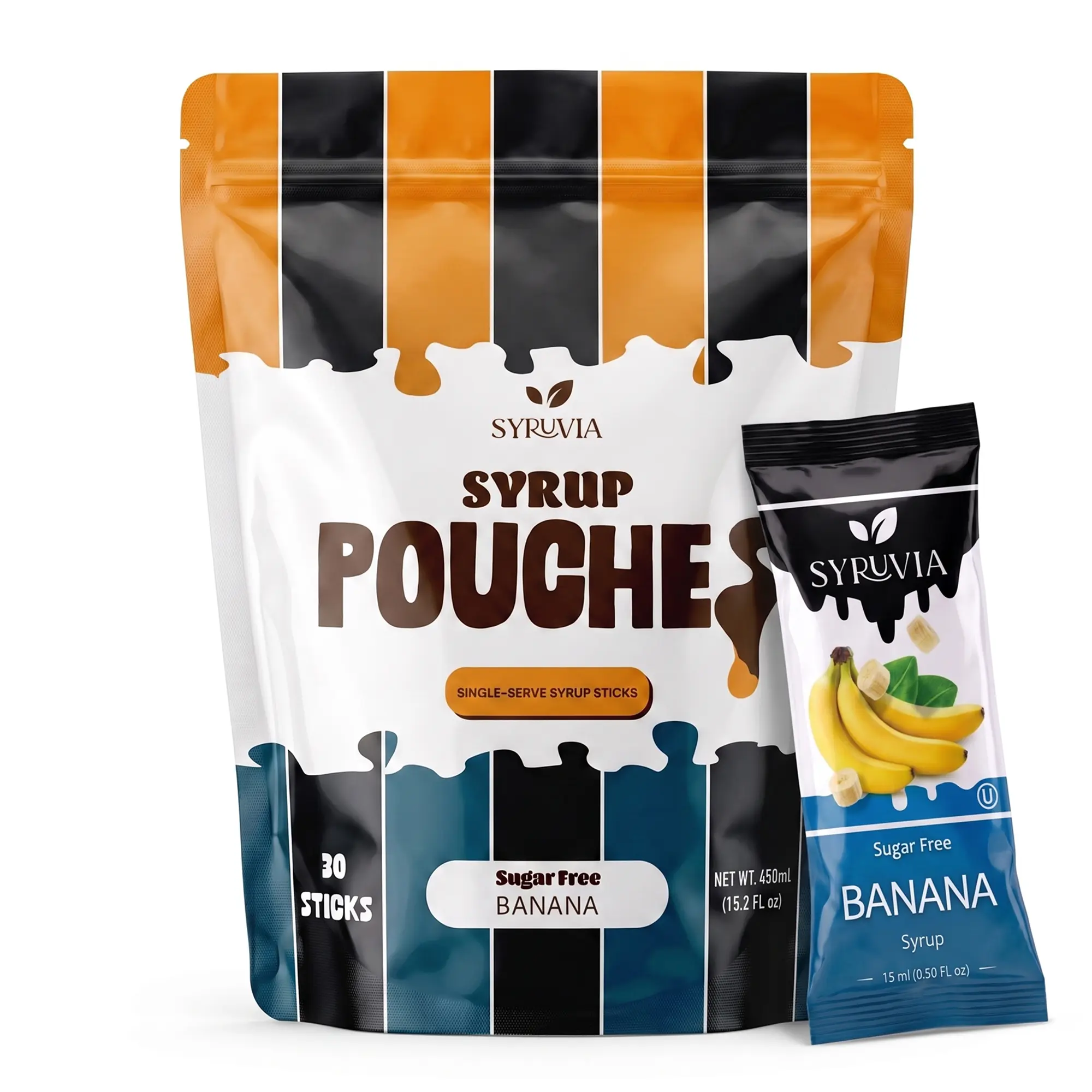 Syruvia Sugar Free Banana Syrup Pouches, Fruity Syrup Sticks for Fruit Drinks, Lemonades & Desserts, 30 Count (15 mL Each)